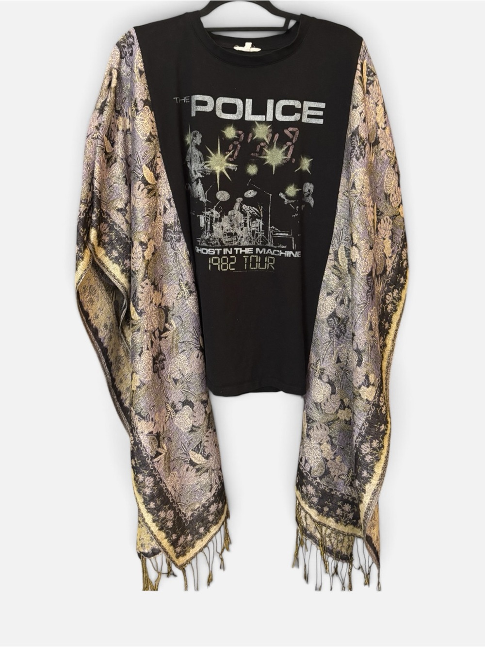 Police Rocktop Black Graphic Tee with Paisley Gold and Lavender Sleeves